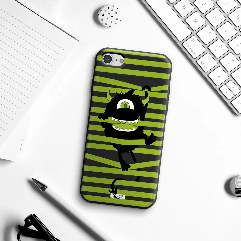 a black monster with horns and green stripes Apple iPhone 7 Silicone black Case