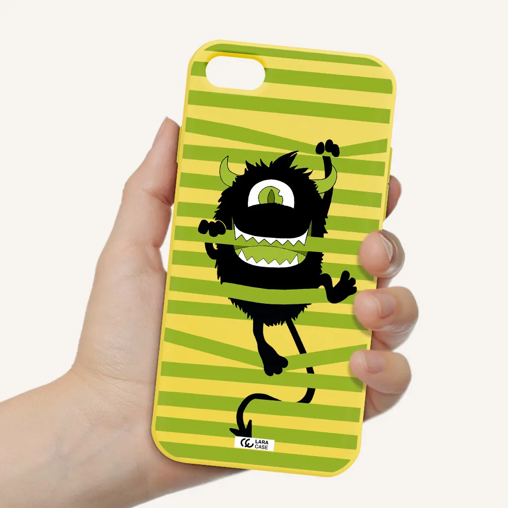 a black monster with horns and green stripes Apple iPhone 7 Silicone canary yellow Case