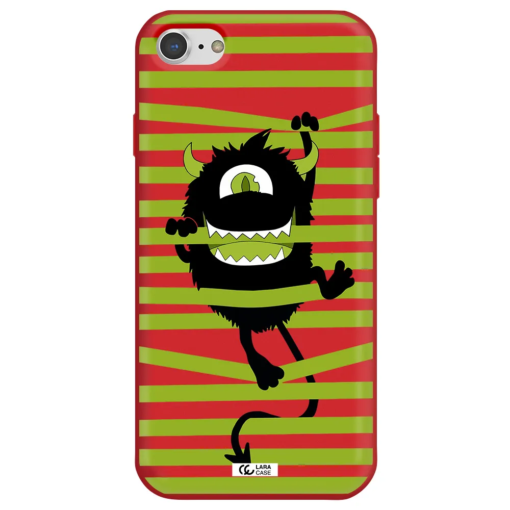 a black monster with horns and green stripes Apple iPhone 7 Silicone Imperial Red Case