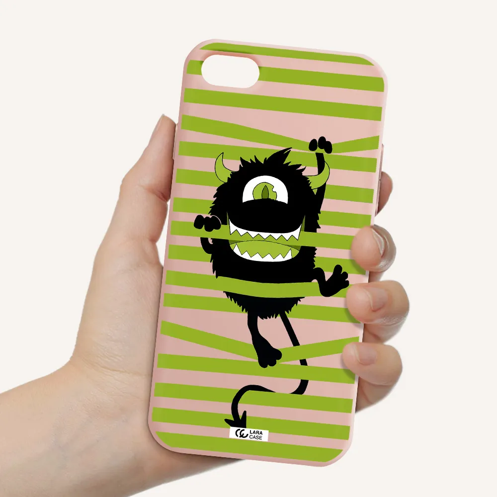 a black monster with horns and green stripes Apple iPhone 7 Silicone pastel pink Case