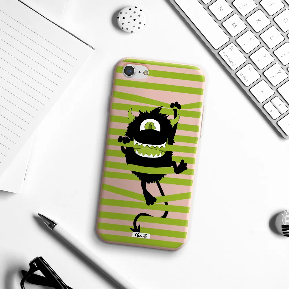 a black monster with horns and green stripes Apple iPhone 7 Silicone pastel pink Case