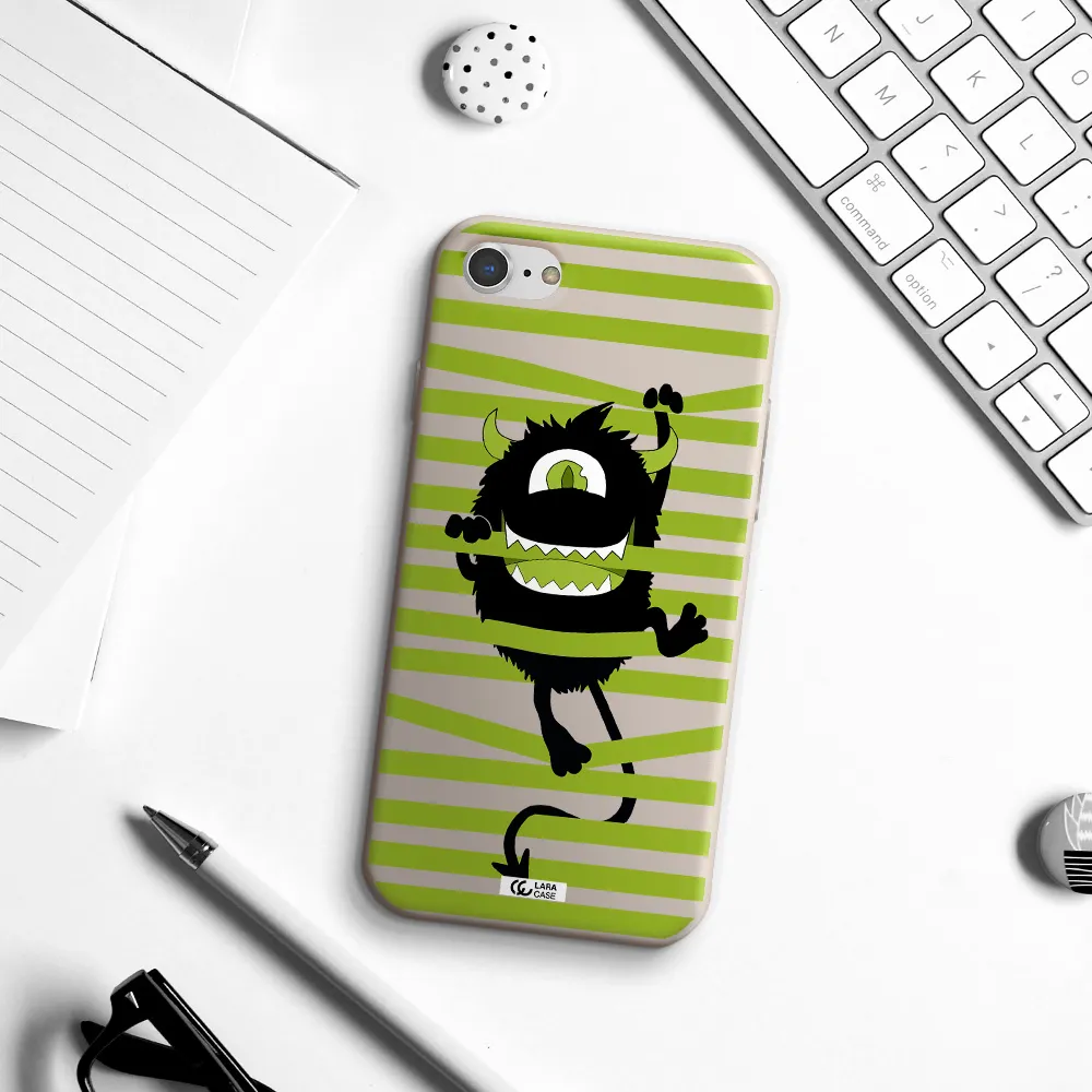 a black monster with horns and green stripes Apple iPhone 7 Silicone Stone Case