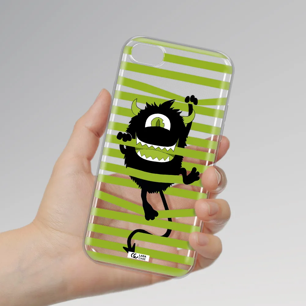 a black monster with horns and green stripes Apple iPhone 8 Clear TPU Case