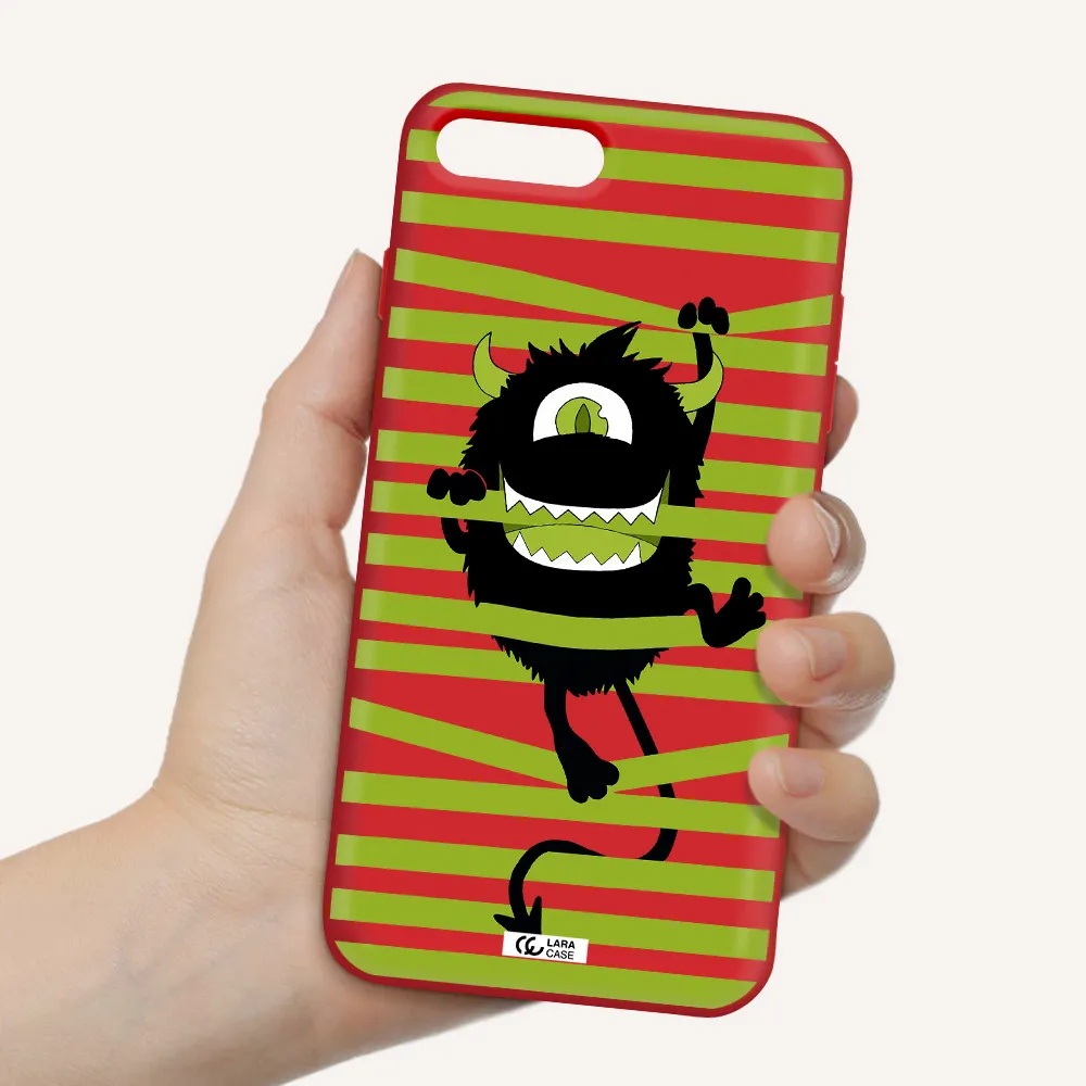 a black monster with horns and green stripes Apple iPhone 8 plus Silicone Imperial Red Case