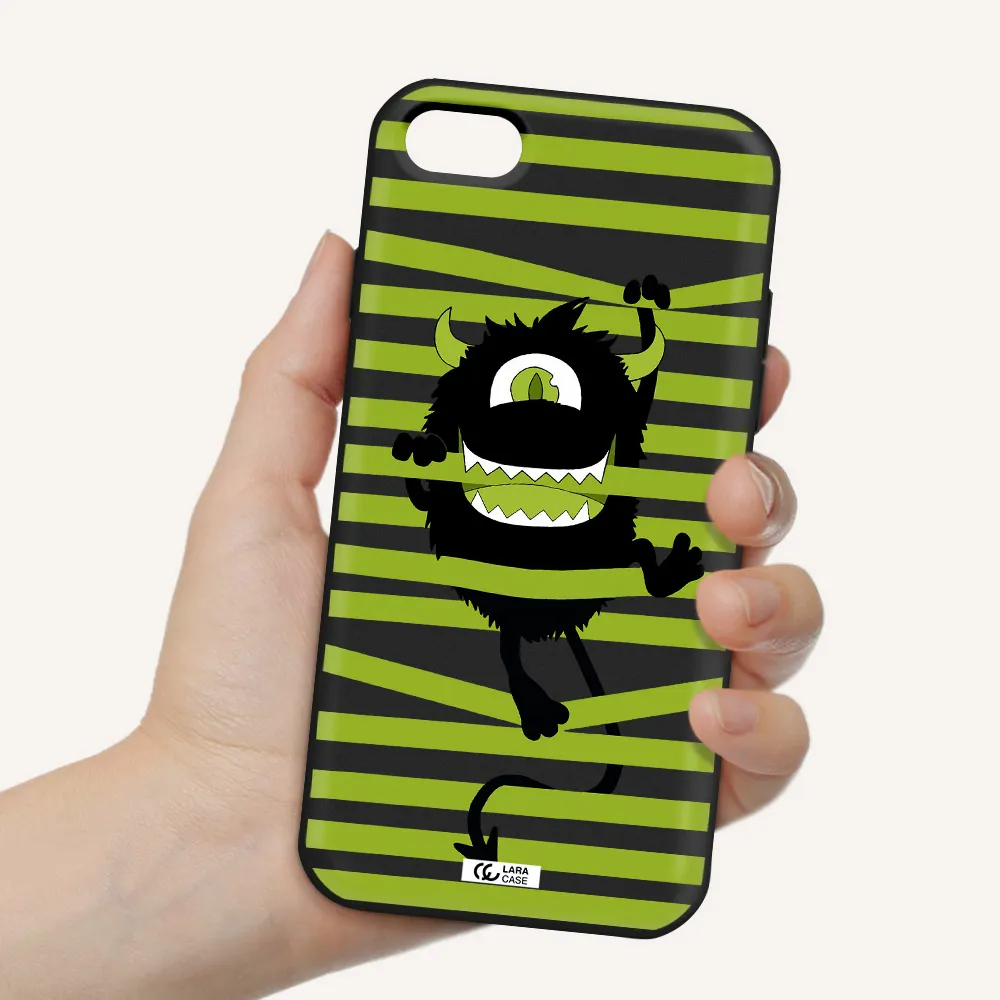a black monster with horns and green stripes Apple iPhone 8 Silicone black Case