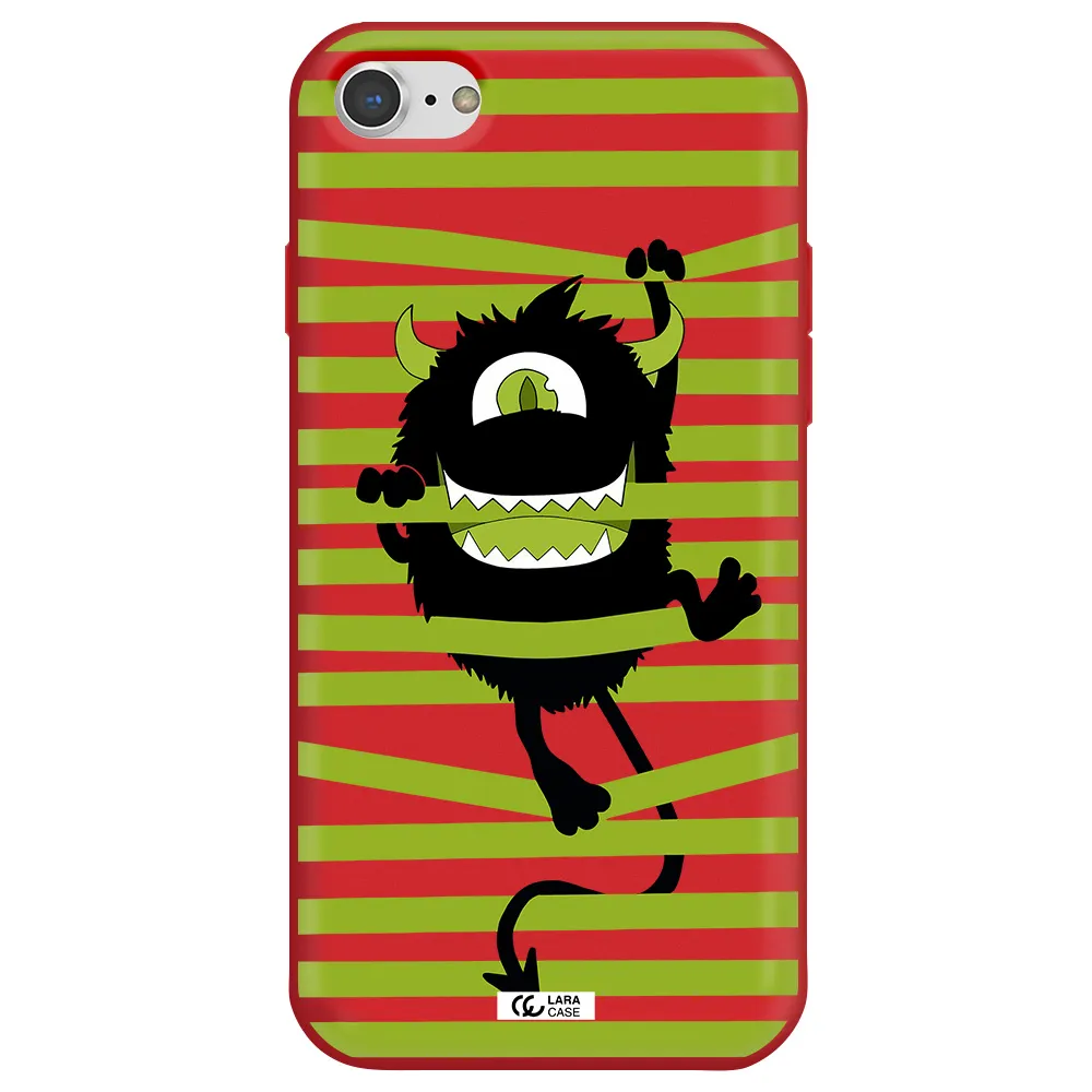 a black monster with horns and green stripes Apple iPhone 8 Silicone Imperial Red Case