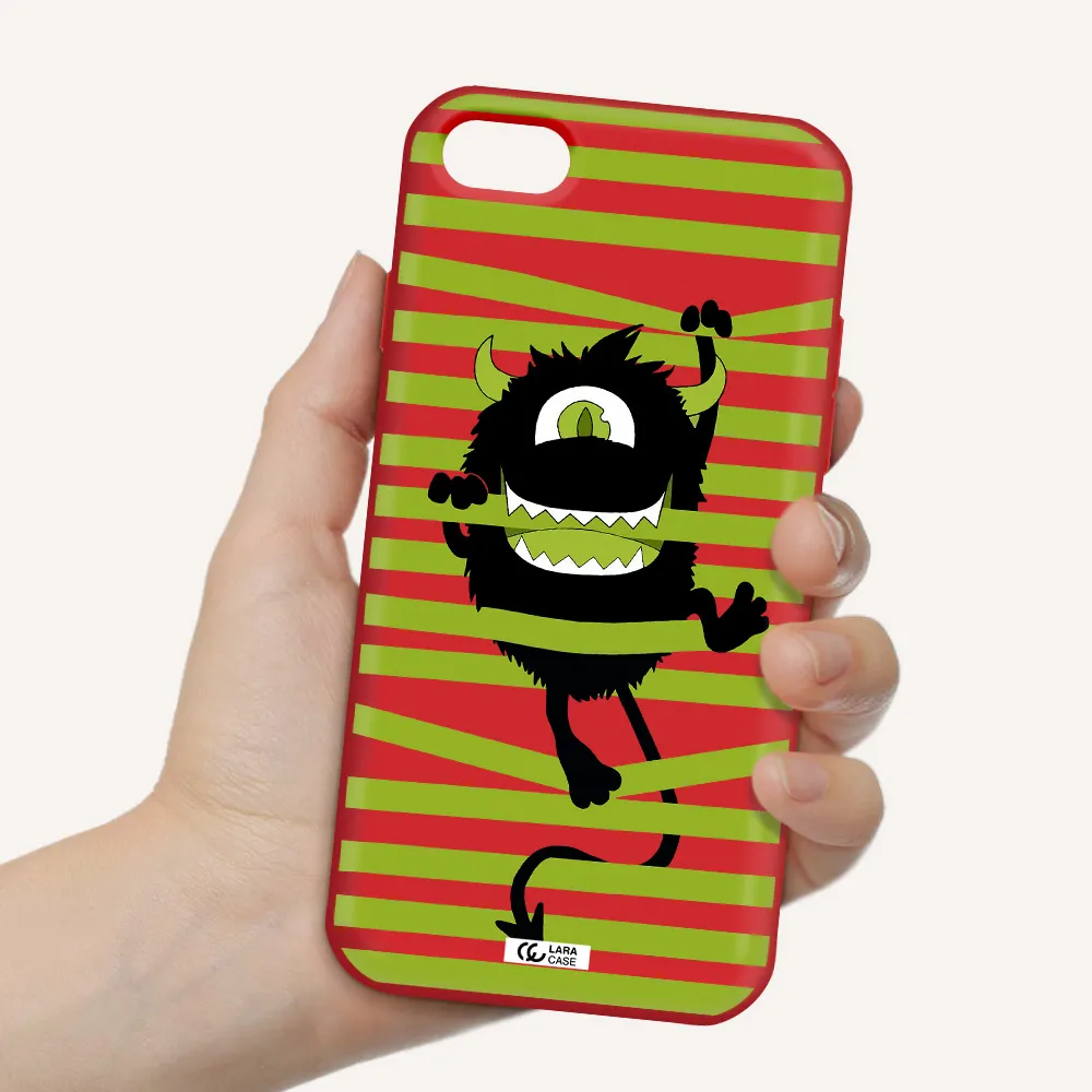 a black monster with horns and green stripes Apple iPhone 8 Silicone Imperial Red Case