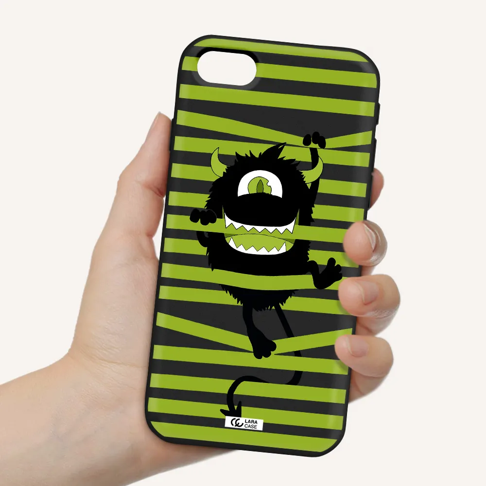 a black monster with horns and green stripes Apple iPhone se 2020 Silicone black Case