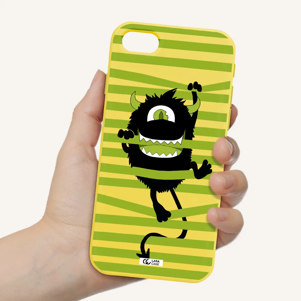 a black monster with horns and green stripes Apple iPhone se 2020 Silicone canary yellow Case