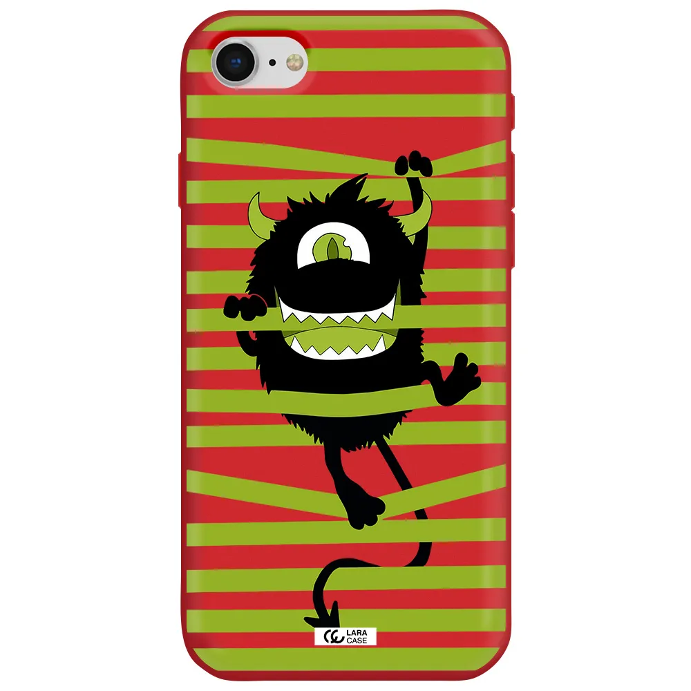 a black monster with horns and green stripes Apple iPhone se 2020 Silicone Imperial Red Case