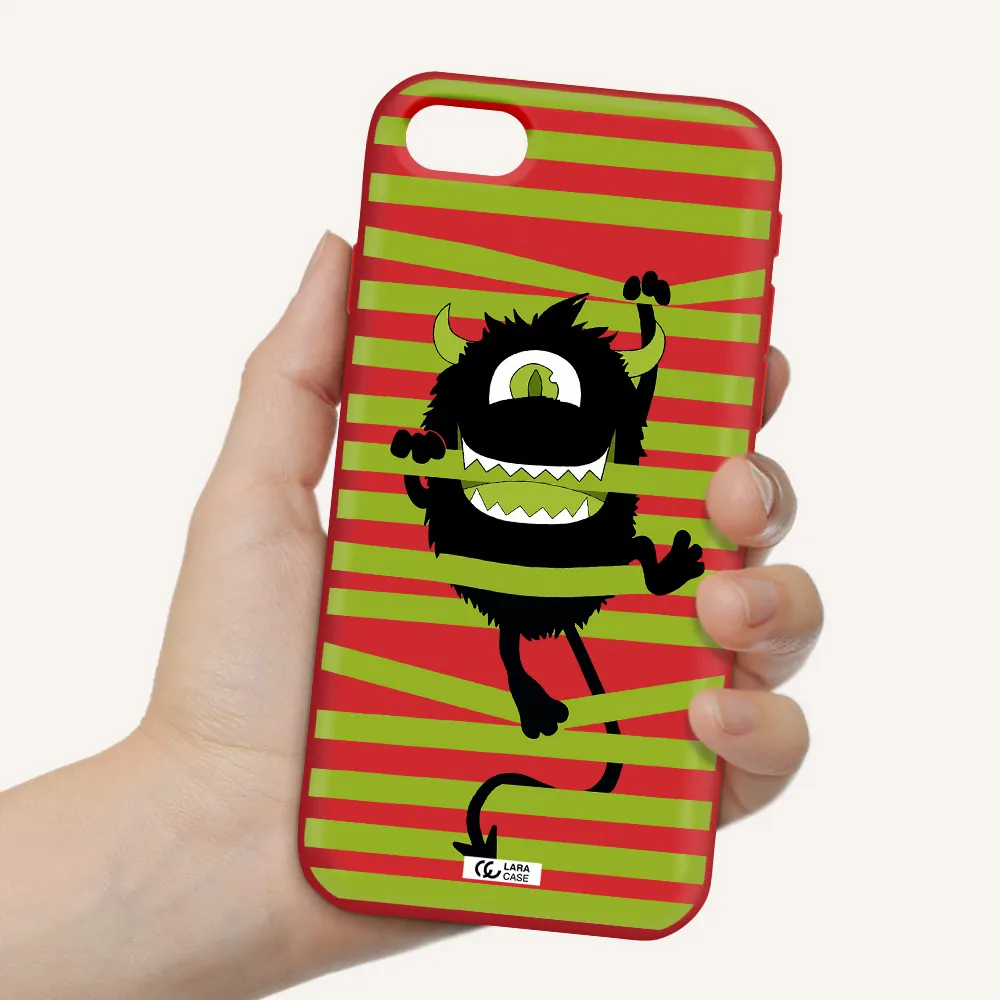 a black monster with horns and green stripes Apple iPhone se 2020 Silicone Imperial Red Case