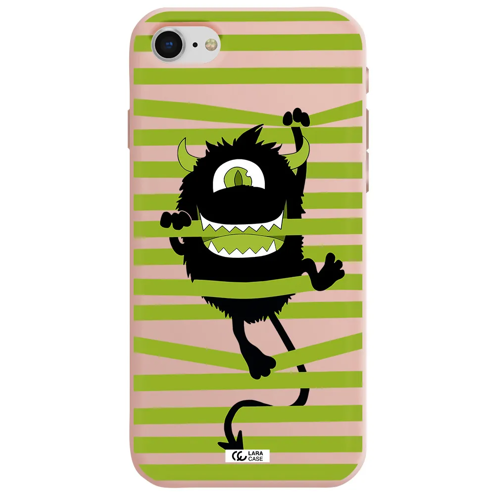 a black monster with horns and green stripes Apple iPhone se 2020 Silicone pastel pink Case
