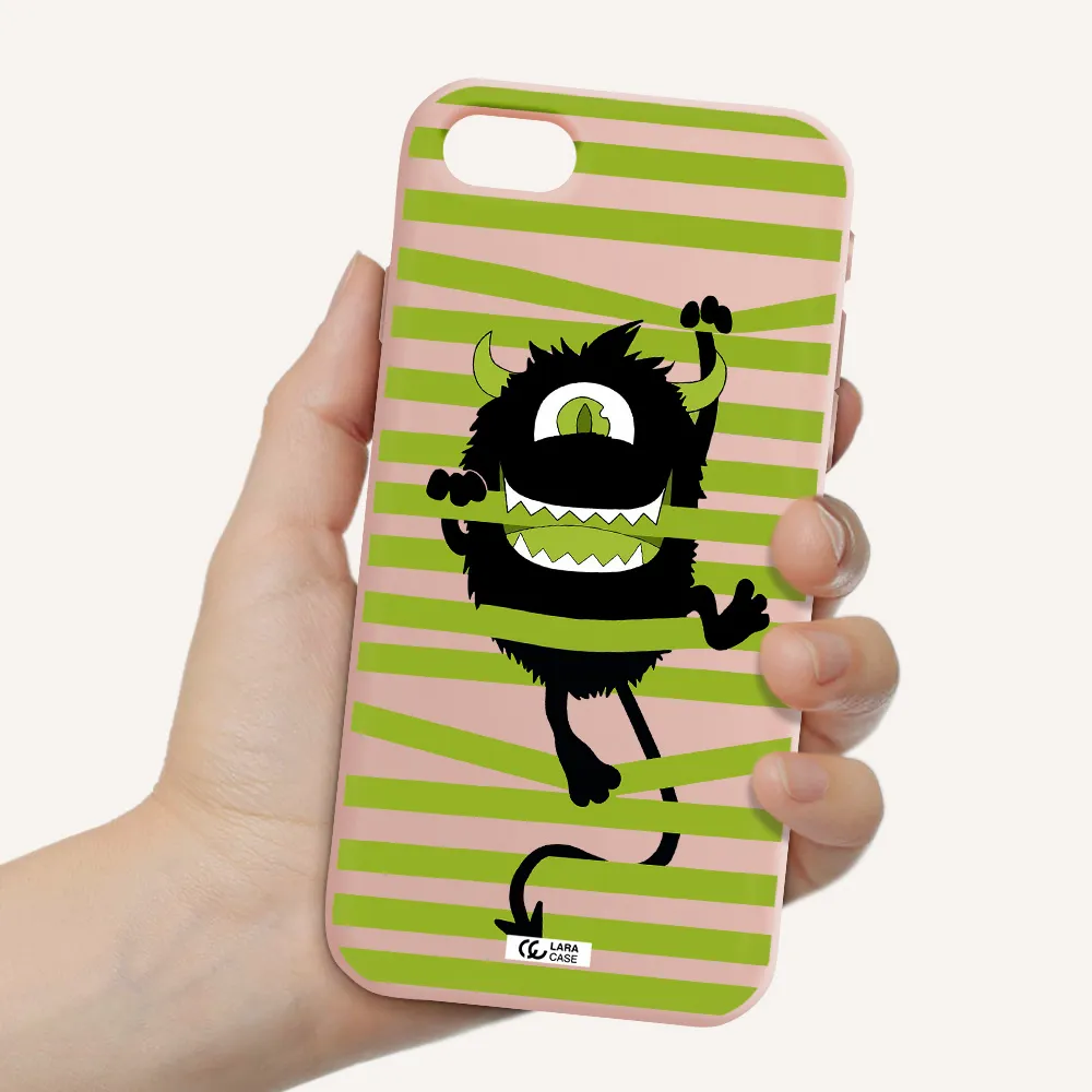 a black monster with horns and green stripes Apple iPhone se 2020 Silicone pastel pink Case