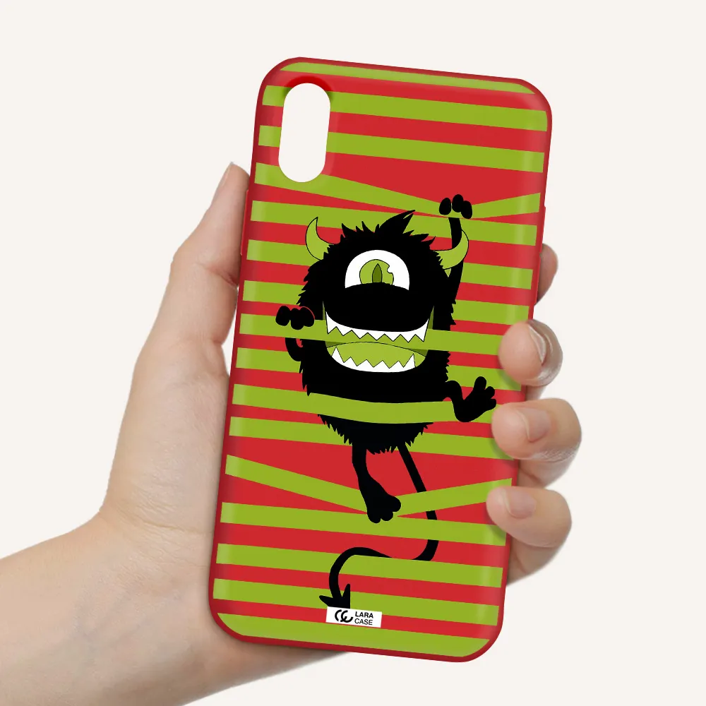 a black monster with horns and green stripes Apple iPhone X Silicone Imperial Red Case