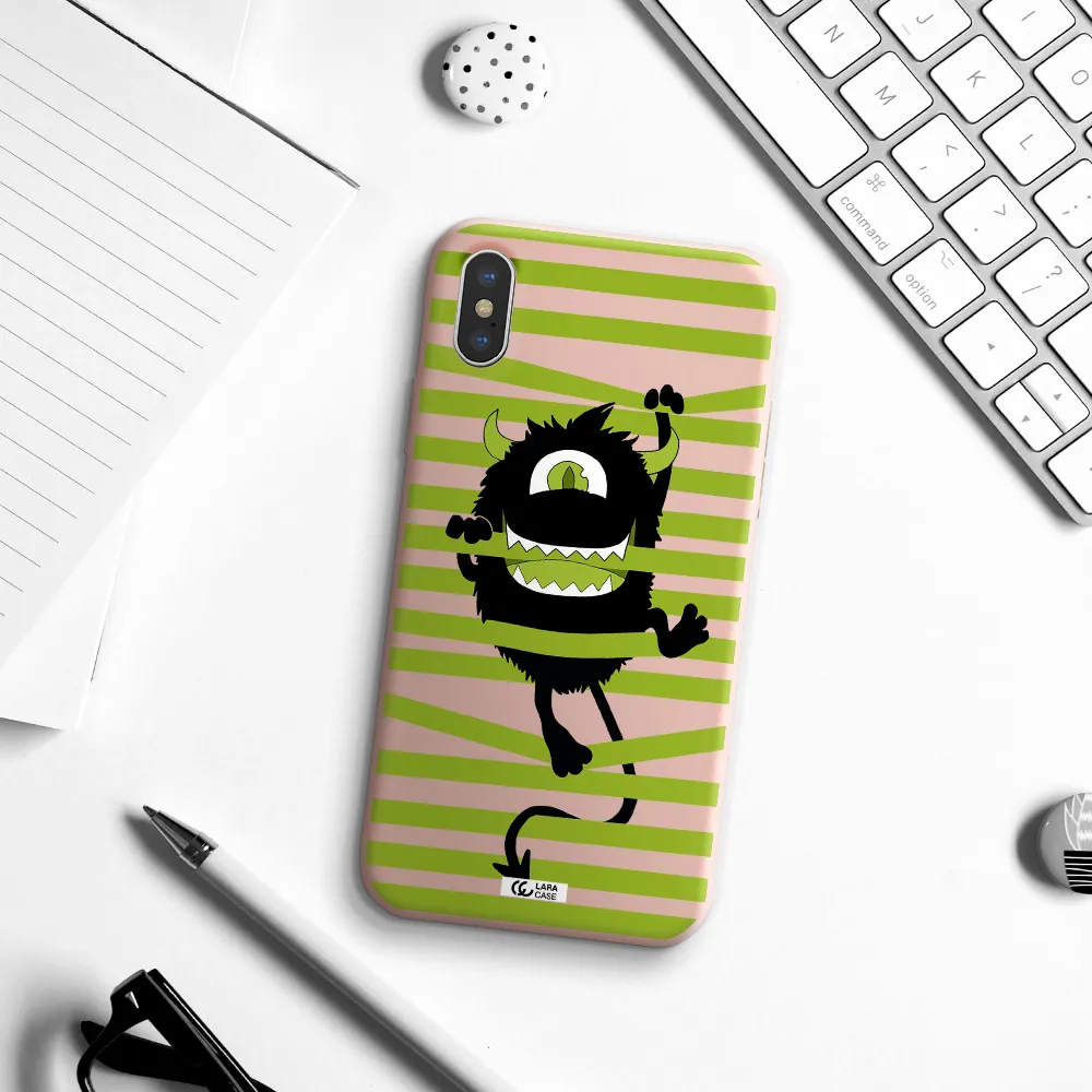a black monster with horns and green stripes Apple iPhone X Silicone pastel pink Case