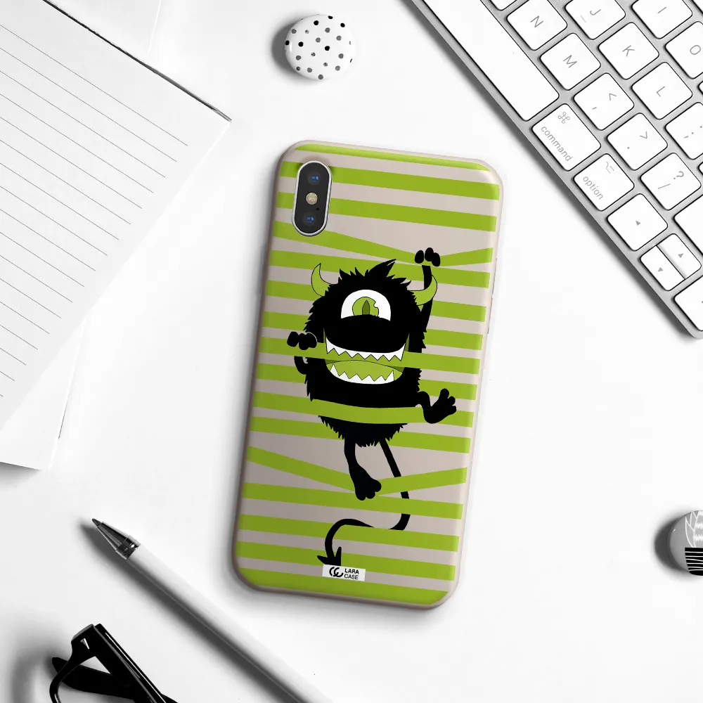 a black monster with horns and green stripes Apple iPhone X Silicone Stone Case