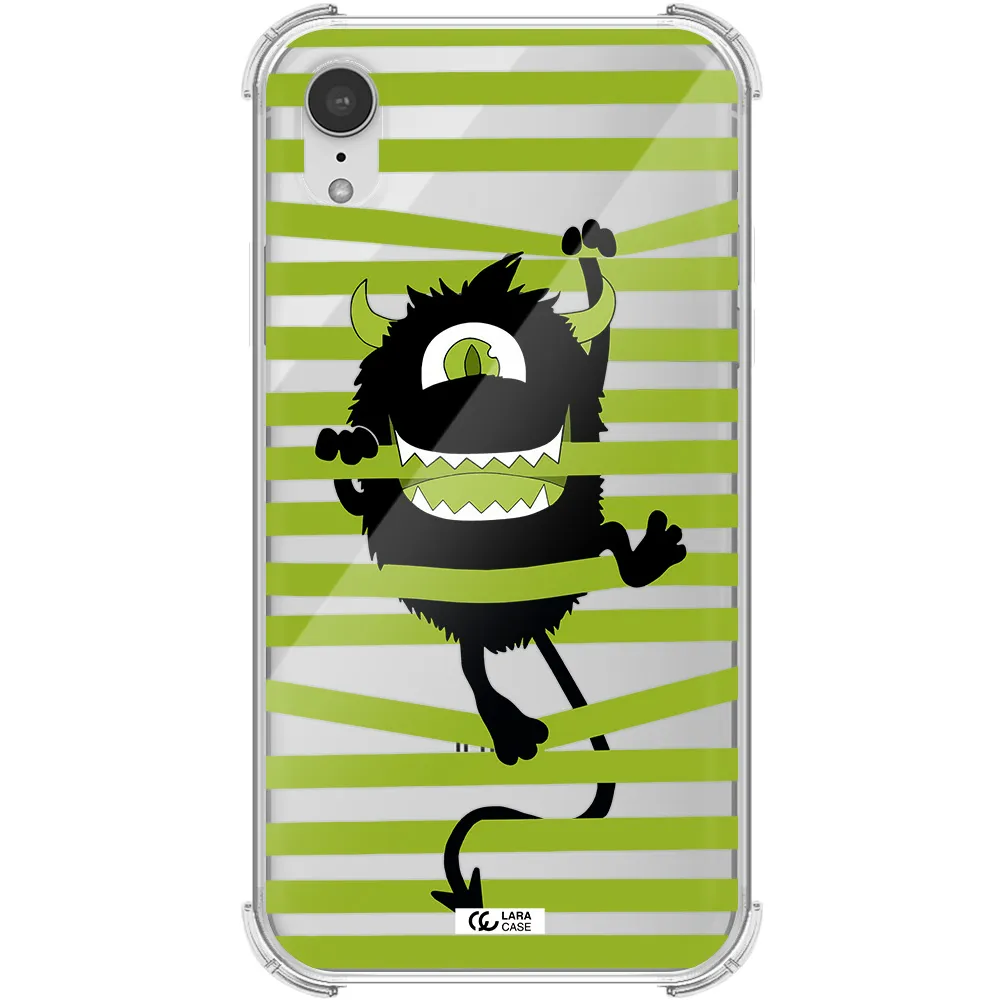 a black monster with horns and green stripes Apple iPhone XR Clear PC Case