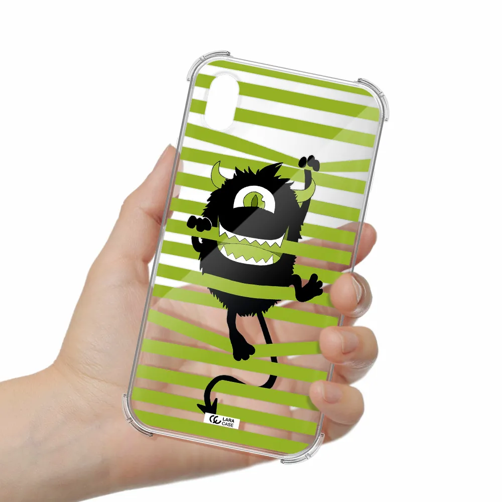 a black monster with horns and green stripes Apple iPhone XR Clear PC Case