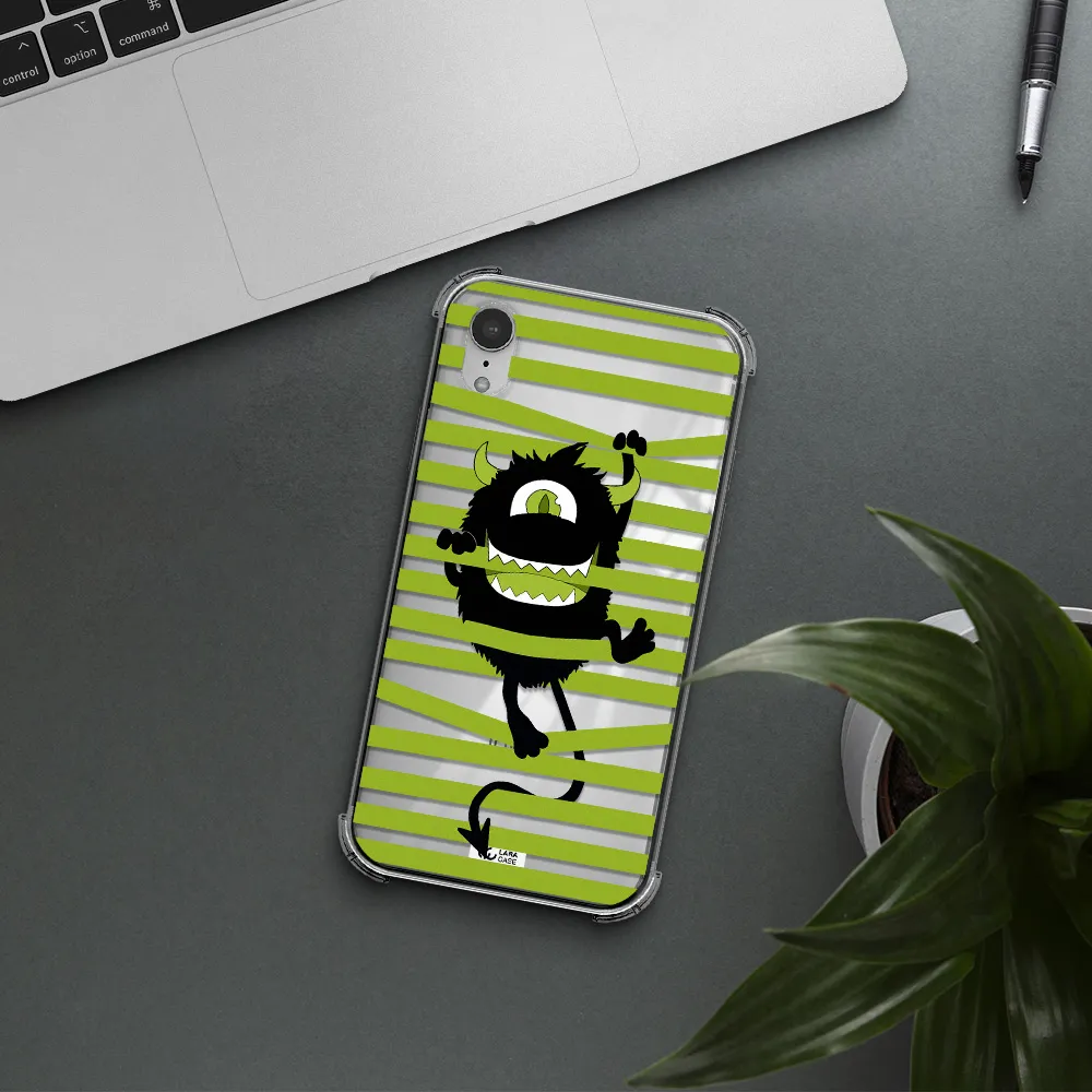 a black monster with horns and green stripes Apple iPhone XR Clear PC Case