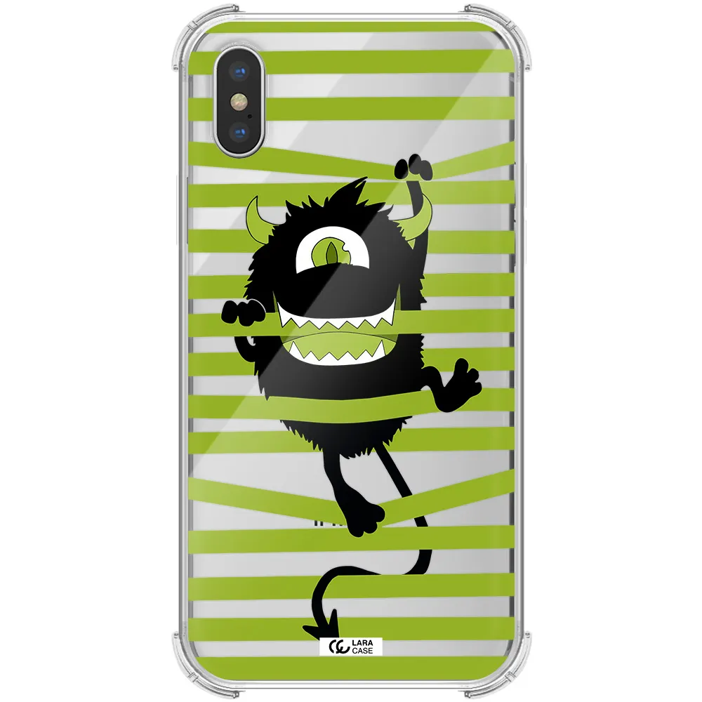 a black monster with horns and green stripes Apple iPhone XS Clear PC Case