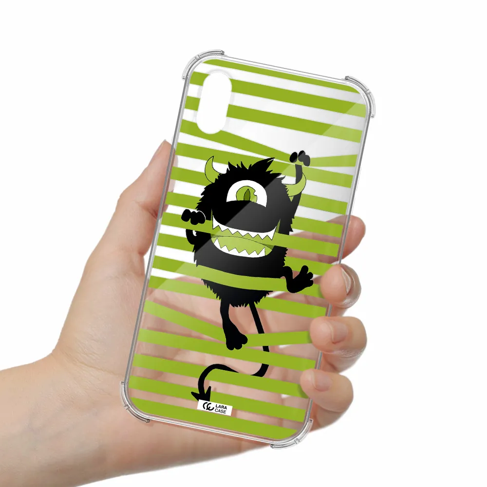 a black monster with horns and green stripes Apple iPhone XS Clear PC Case