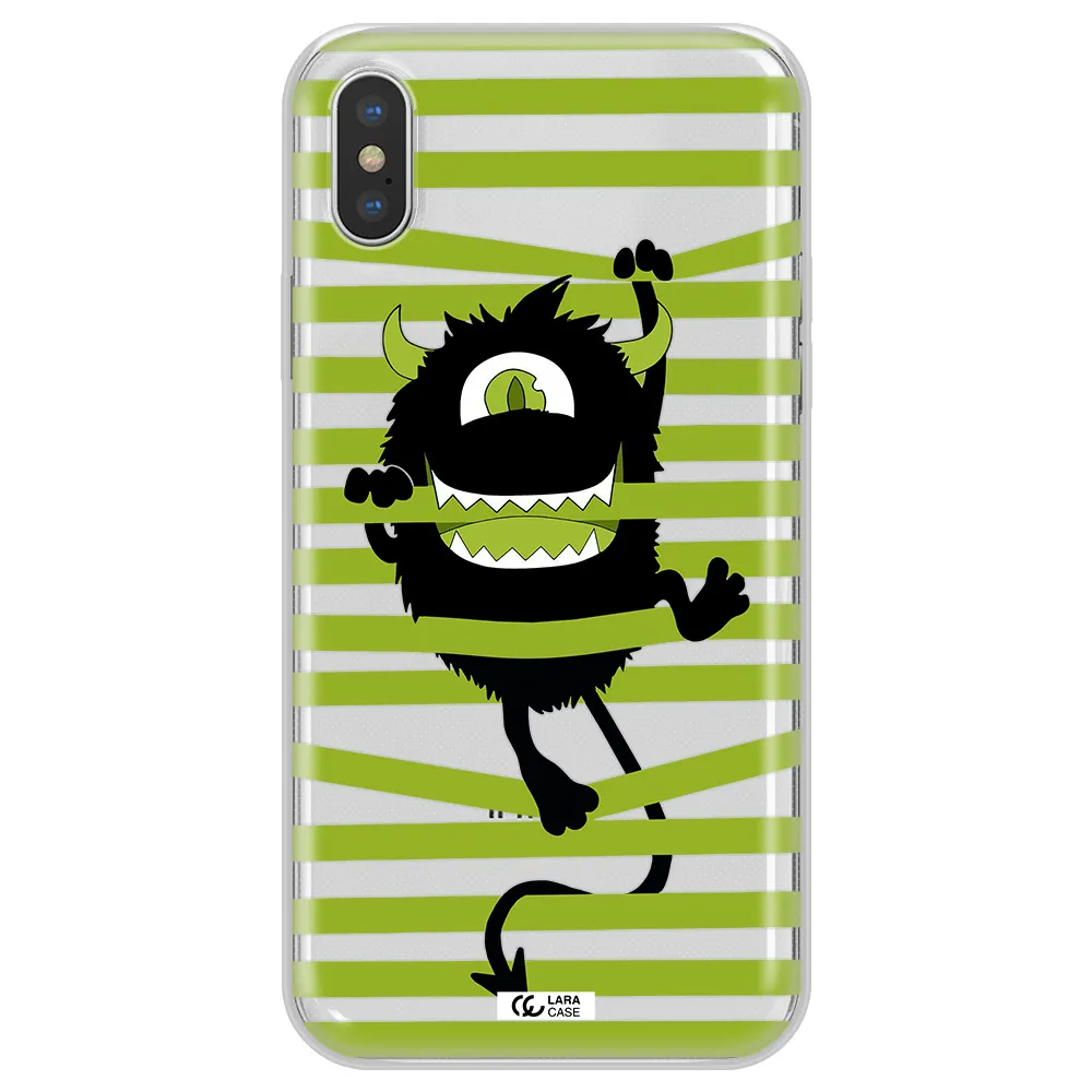 a black monster with horns and green stripes Apple iPhone XS Clear TPU Case