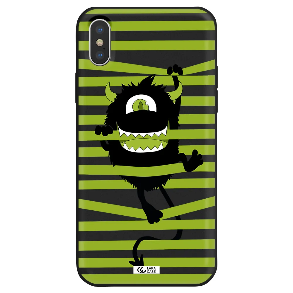 a black monster with horns and green stripes Apple iPhone XS Silicone black Case