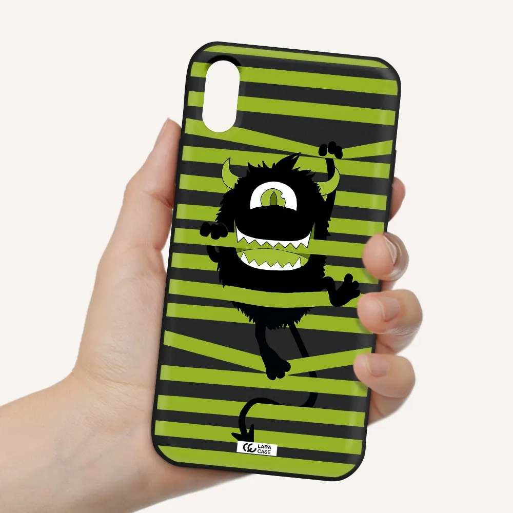 a black monster with horns and green stripes Apple iPhone XS Silicone black Case