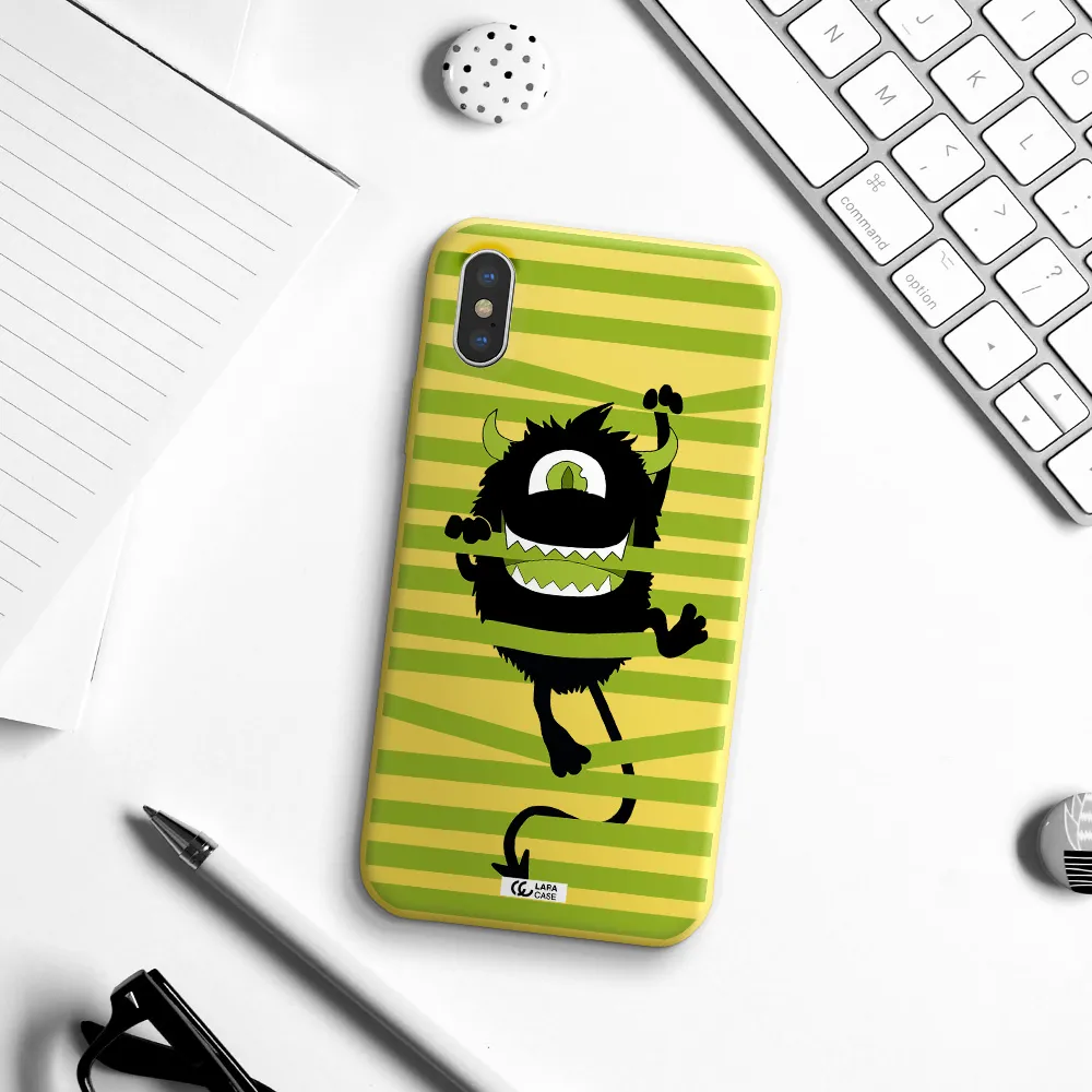 a black monster with horns and green stripes Apple iPhone XS Silicone canary yellow Case