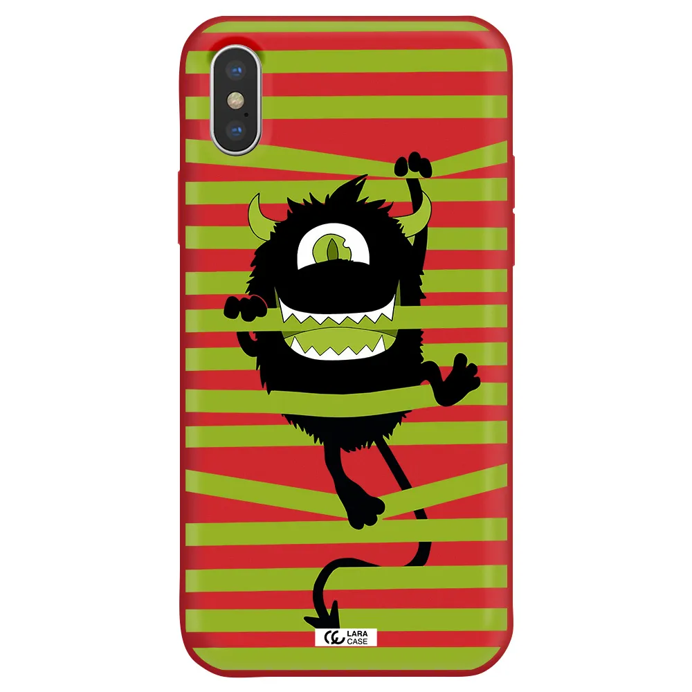 a black monster with horns and green stripes Apple iPhone XS Silicone Imperial Red Case