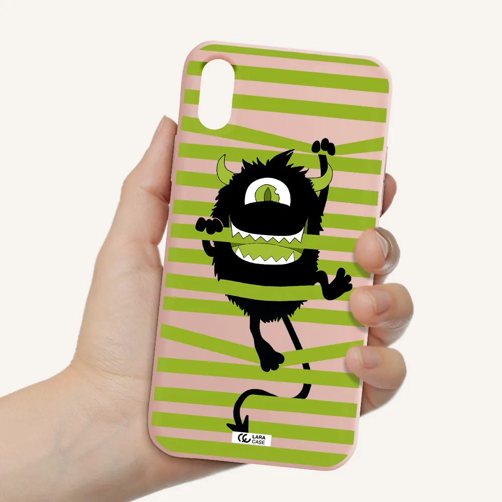 a black monster with horns and green stripes Apple iPhone XS Silicone pastel pink Case