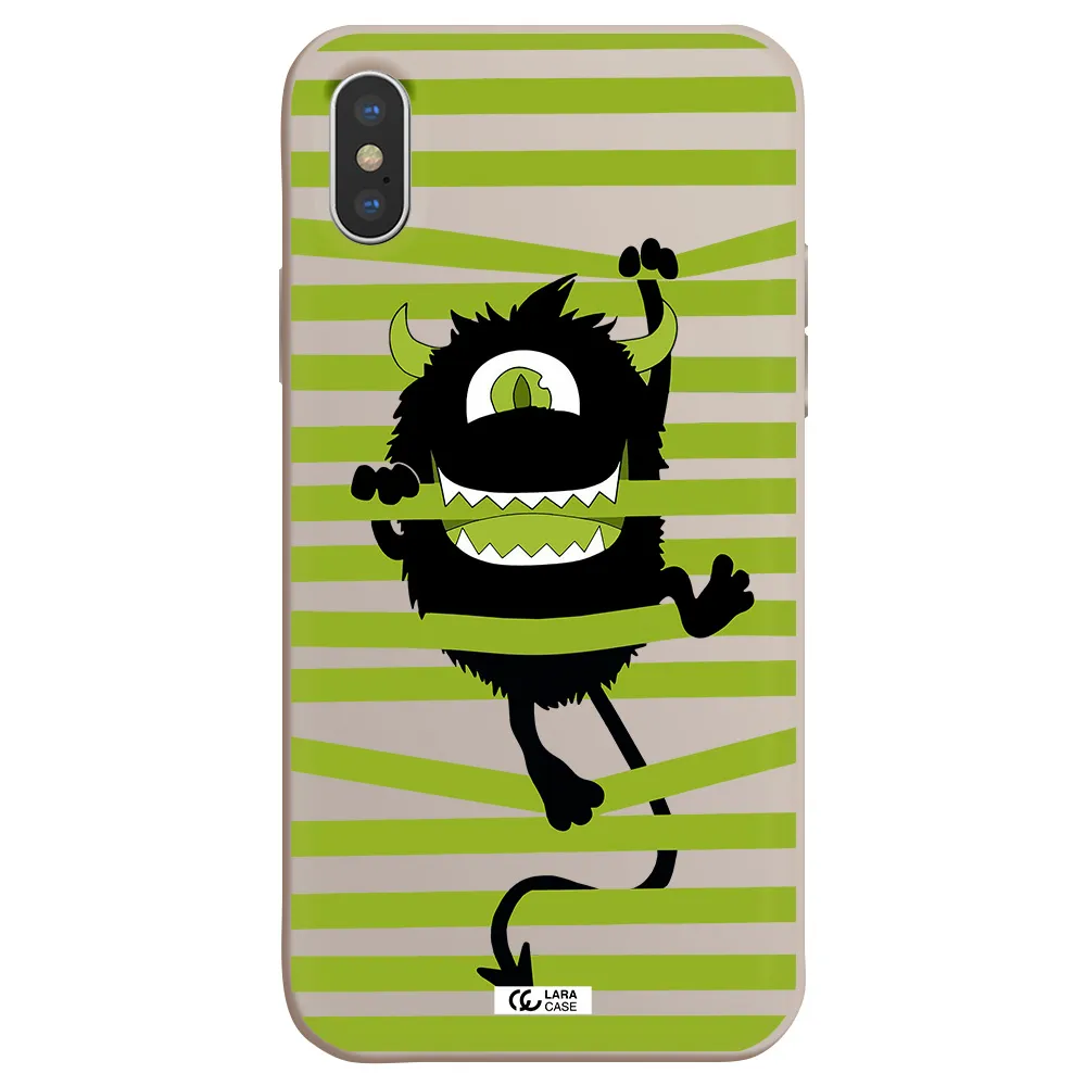 a black monster with horns and green stripes Apple iPhone XS Silicone Stone Case