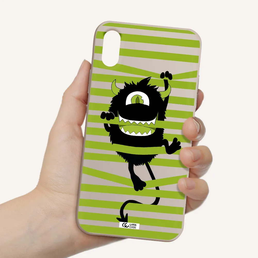 a black monster with horns and green stripes Apple iPhone XS Silicone Stone Case