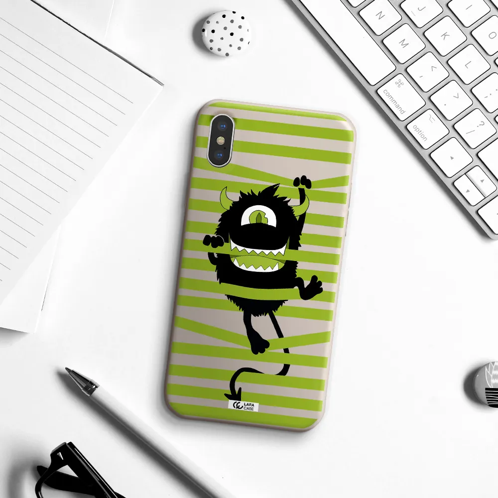 a black monster with horns and green stripes Apple iPhone XS Silicone Stone Case