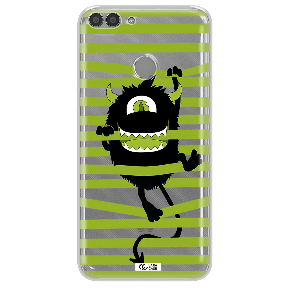 a black monster with horns and green stripes Huawei P Smart Clear TPU Case