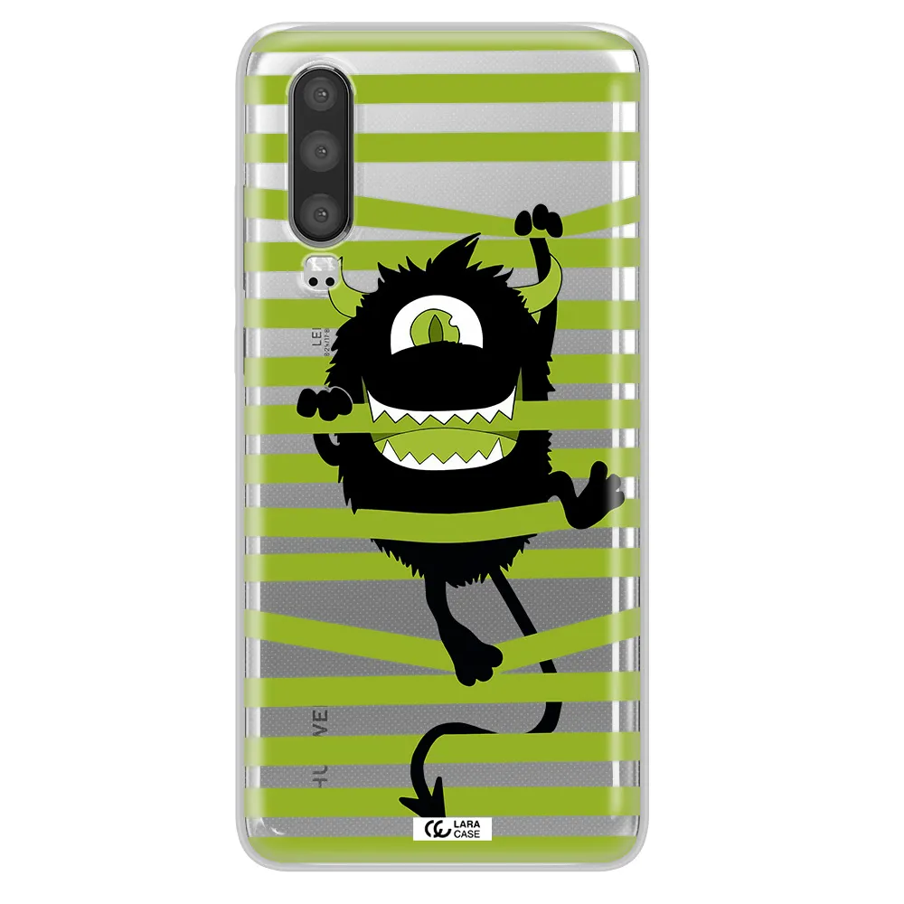 a black monster with horns and green stripes Huawei P30 Clear TPU Case