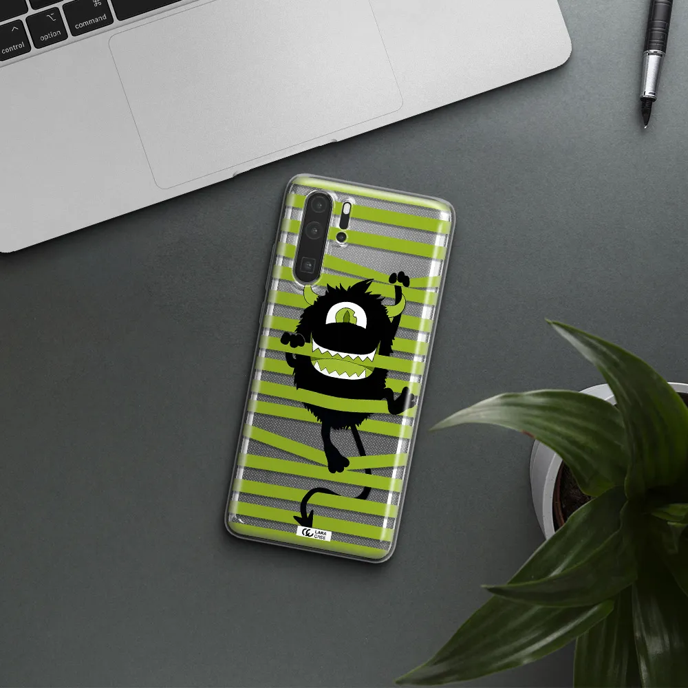 a black monster with horns and green stripes Huawei P30 Pro Clear TPU Case