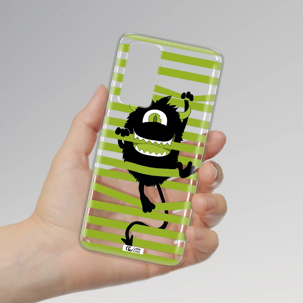 a black monster with horns and green stripes Huawei P40 Clear TPU Case