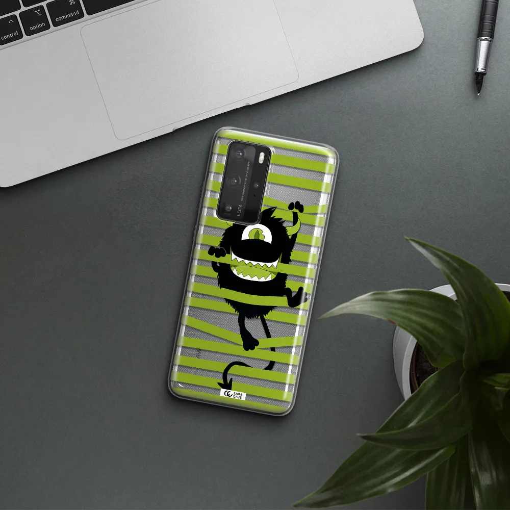 a black monster with horns and green stripes Huawei P40 Pro Clear TPU Case