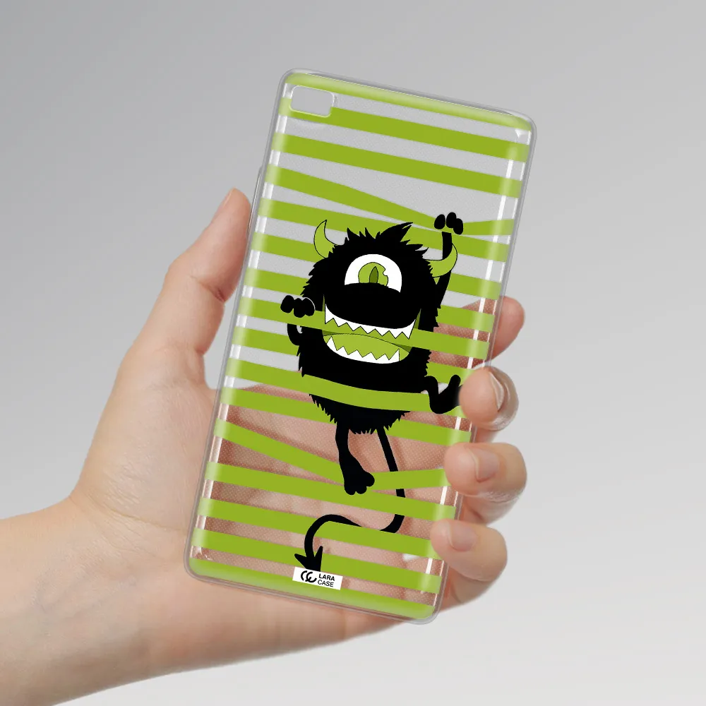 a black monster with horns and green stripes Huawei P8 Clear TPU Case