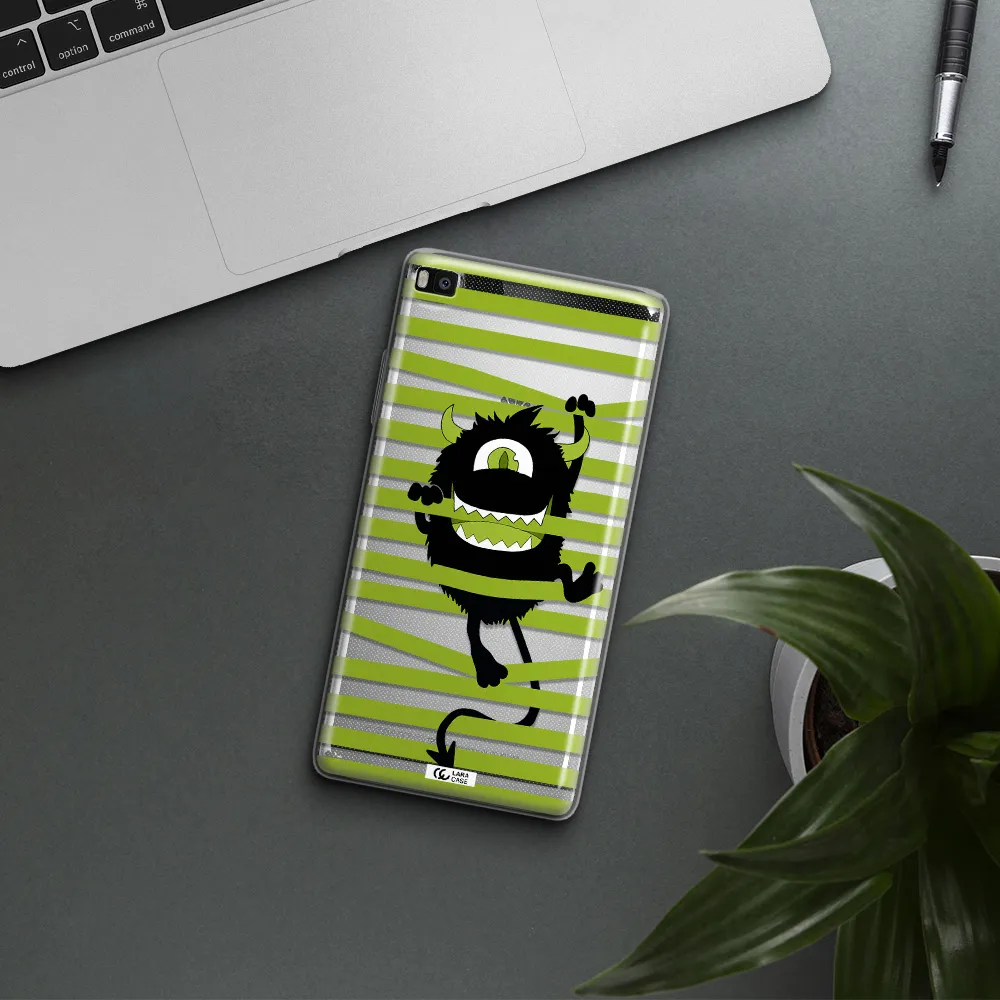 a black monster with horns and green stripes Huawei P8 Clear TPU Case