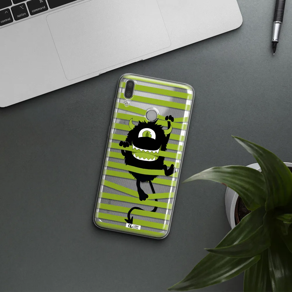 a black monster with horns and green stripes Huawei Y7 2019 Clear TPU Case