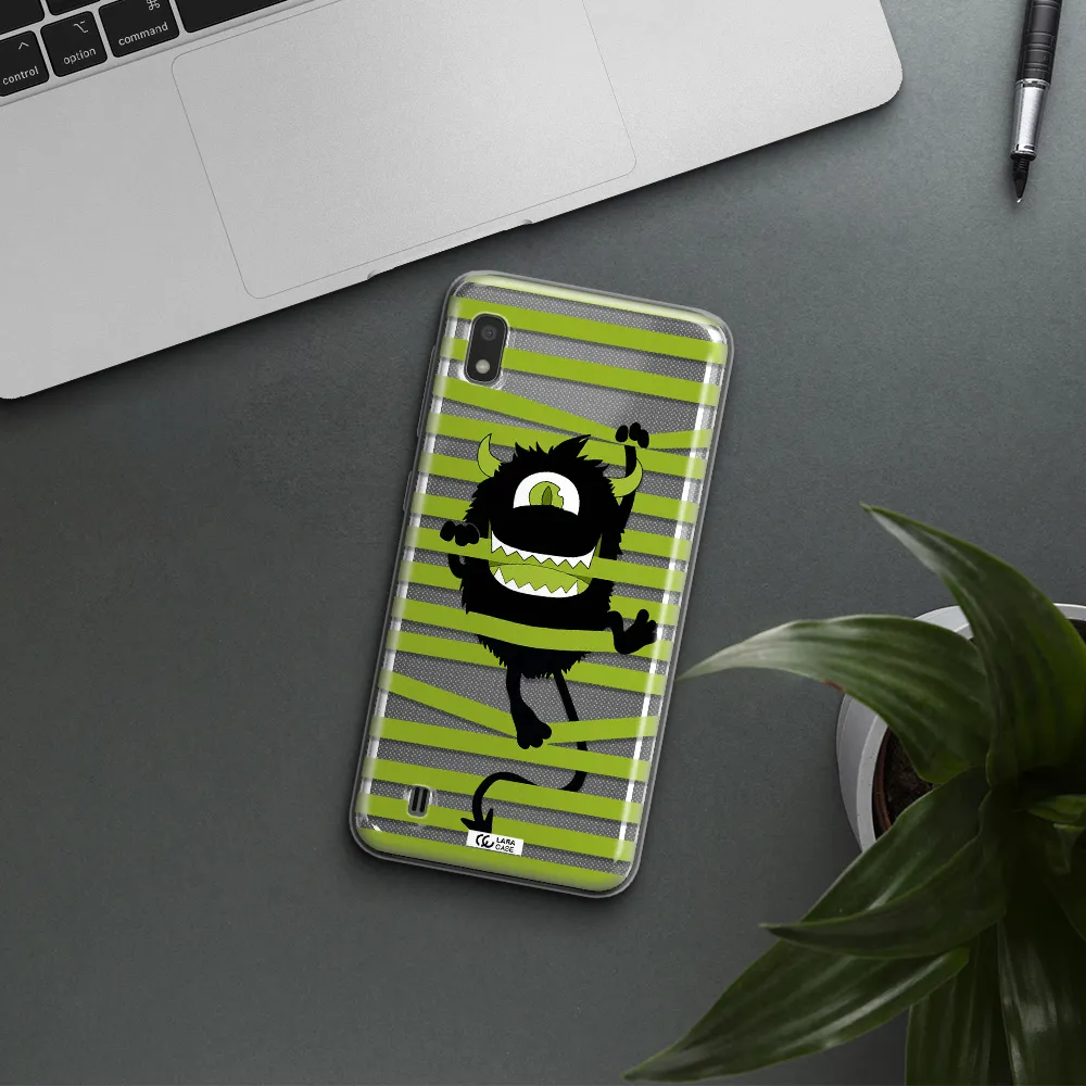a black monster with horns and green stripes Samsung A10 Clear TPU Case