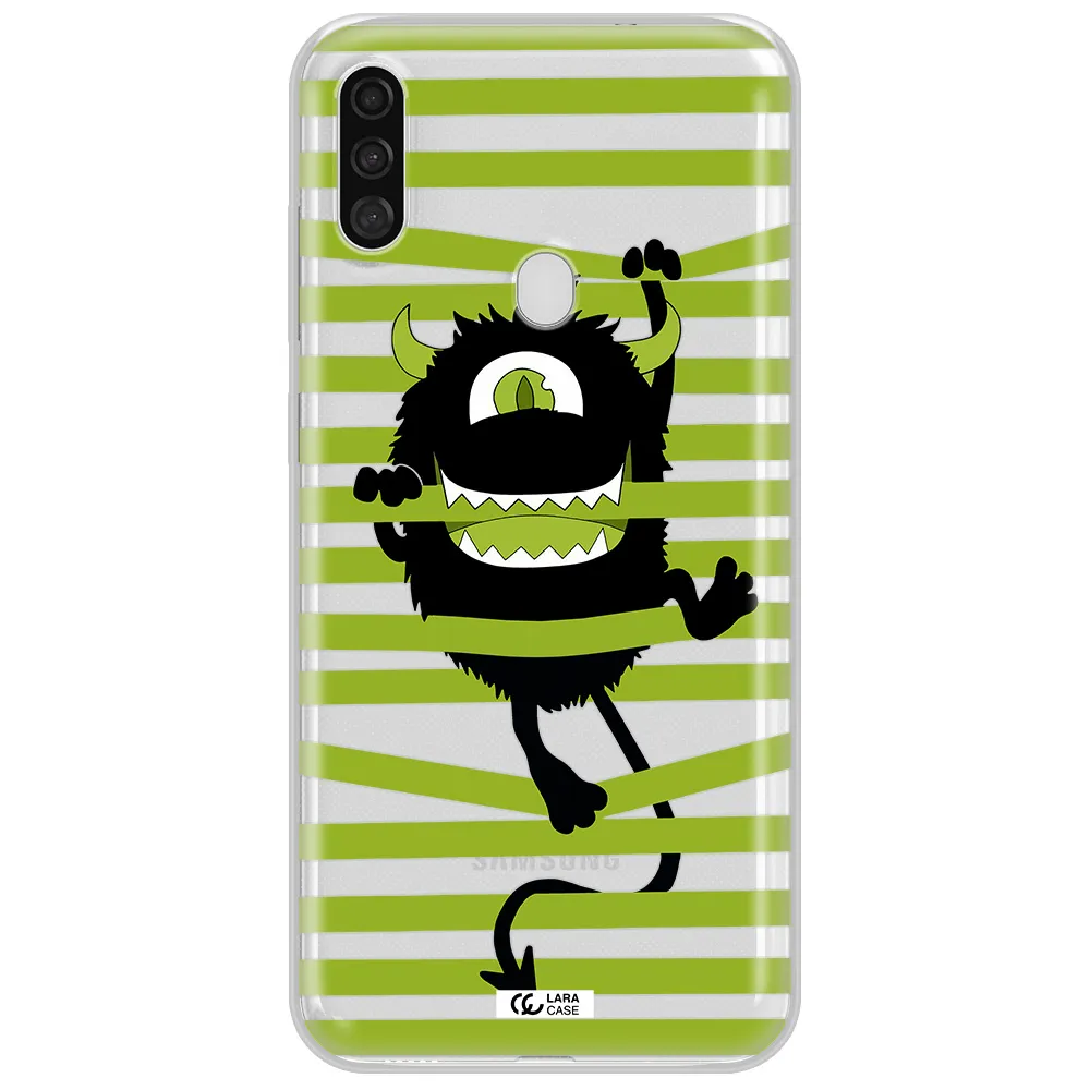 a black monster with horns and green stripes Samsung A11 Clear TPU Case