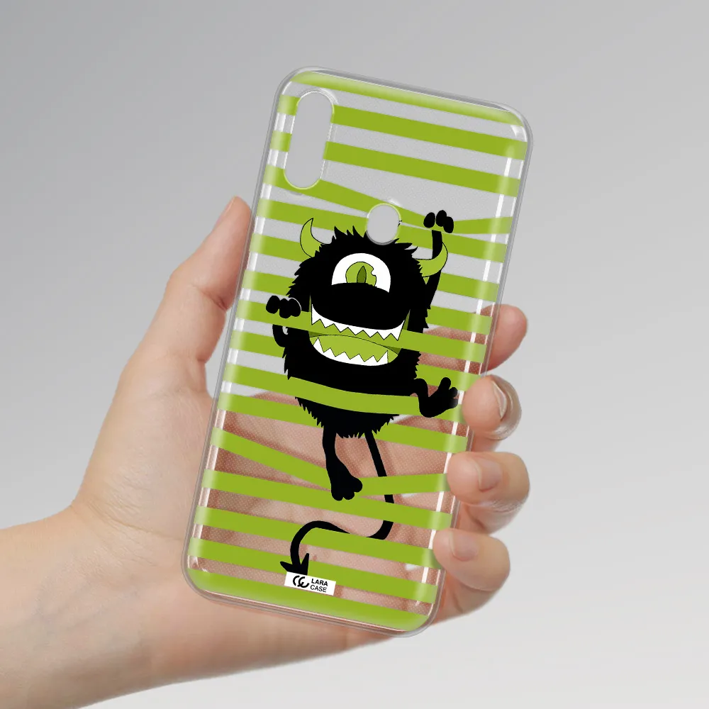 a black monster with horns and green stripes Samsung A11 Clear TPU Case