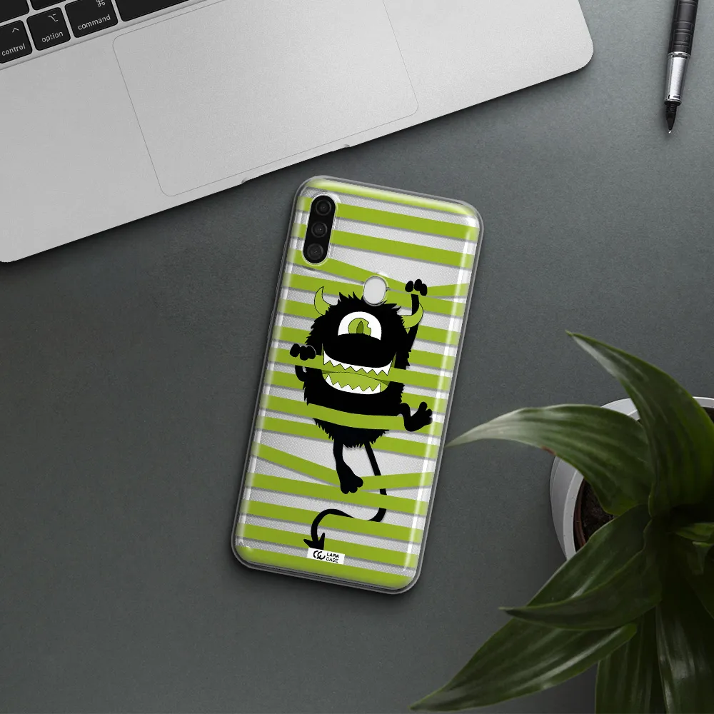 a black monster with horns and green stripes Samsung A11 Clear TPU Case