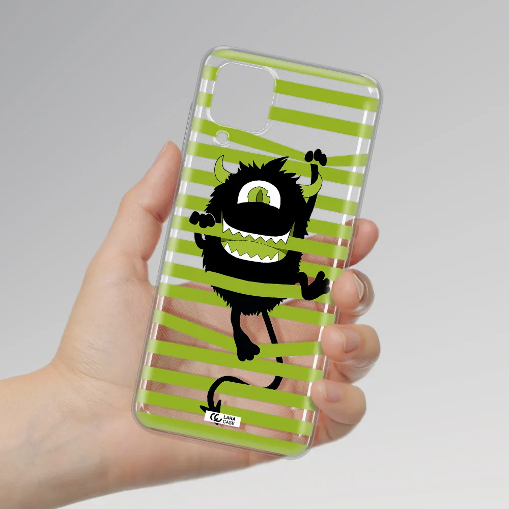 a black monster with horns and green stripes Samsung A12 4g Clear TPU Case