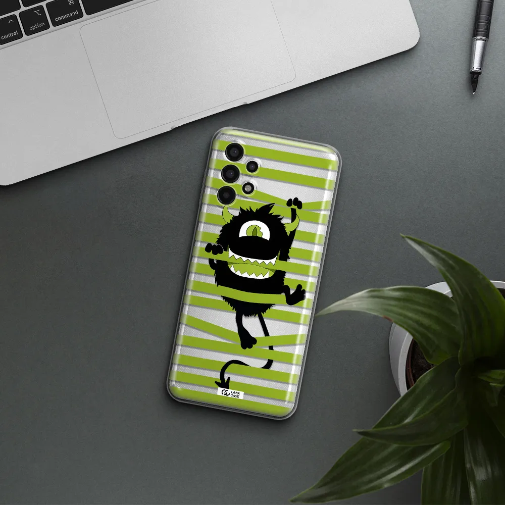 a black monster with horns and green stripes Samsung A13 4g Clear TPU Case