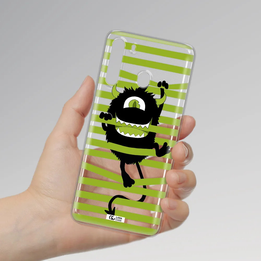 a black monster with horns and green stripes Samsung A21 Clear TPU Case