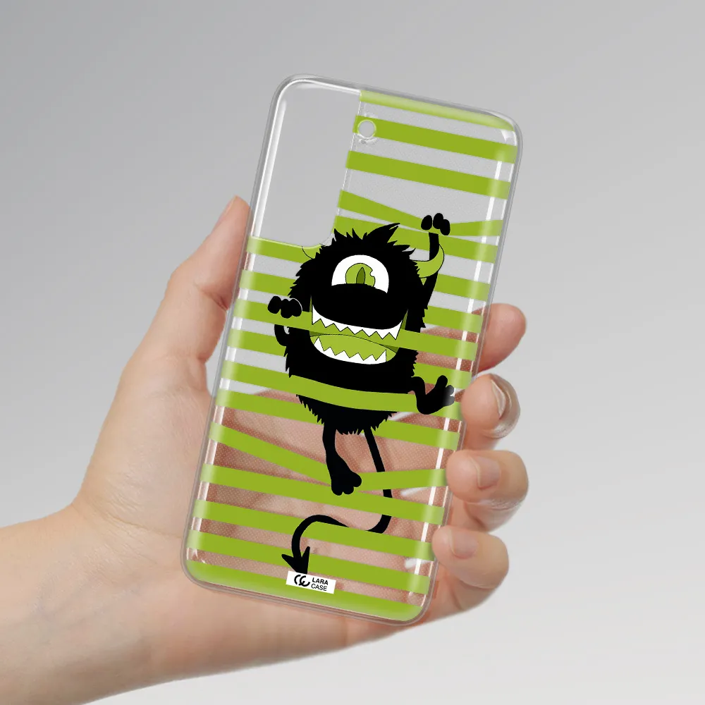 a black monster with horns and green stripes Samsung A21 Fe Clear TPU Case